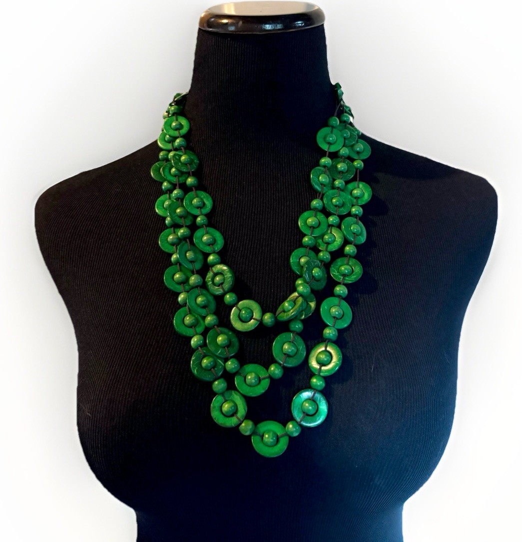 Green MultiStrand Wooden Coconut Shell Beaded Dis… - image 1