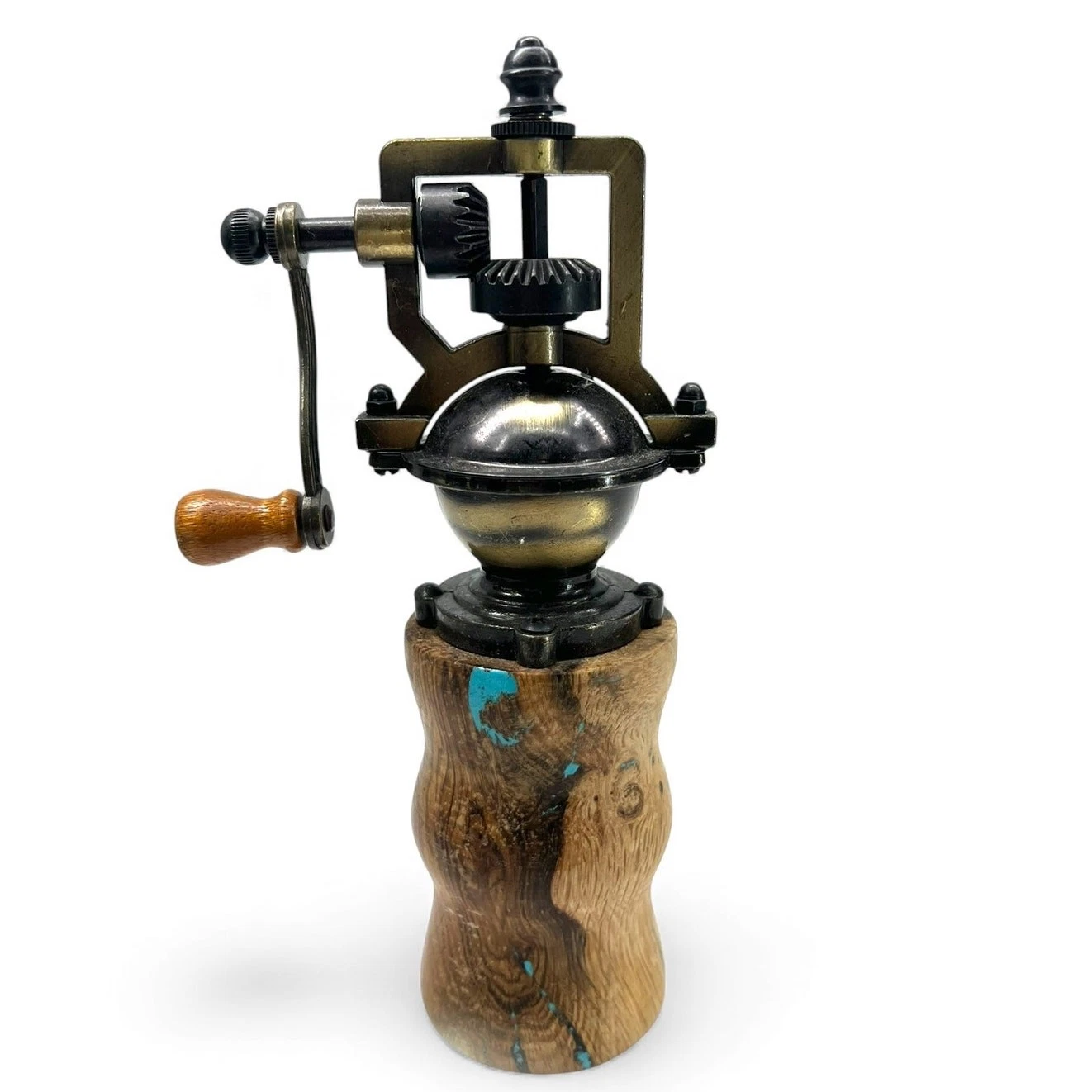 Antique- hand crank pepper grinder Shaker handmade Artisan burlwood Turquoise