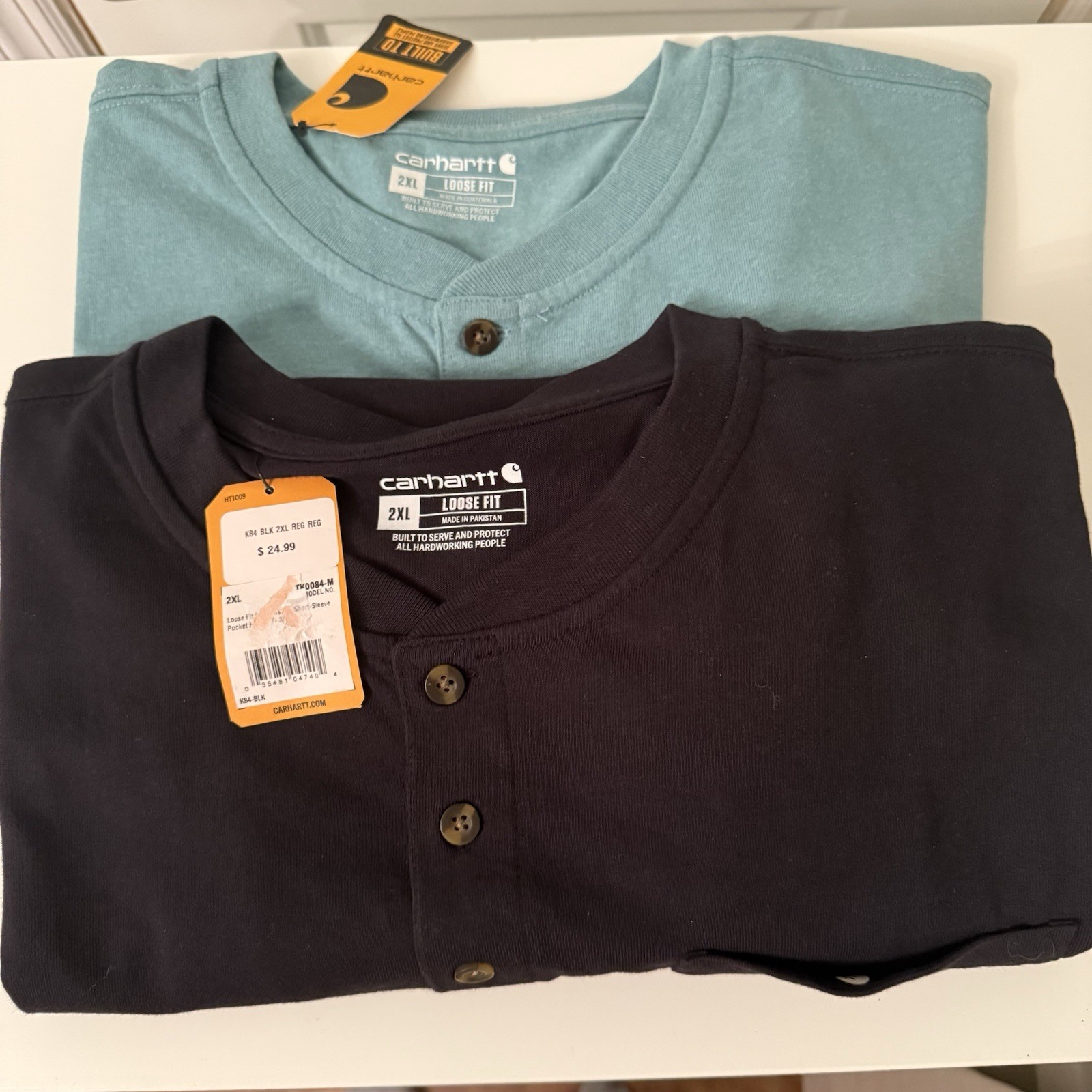 Carhartt 2XL Men’s Loose Fit Lot Of 2 Shirts Henley Black Teal Short Sleeve READ