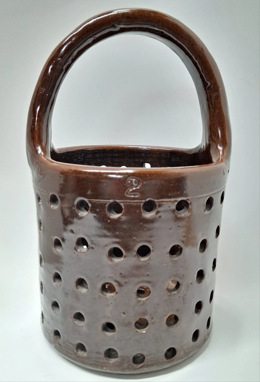 RARE #2 Albany Slip Glazed Cheese Strainer Vintage 19 Century Brown NY Stoneware