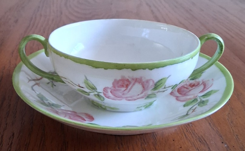 Cup & Saucer Pink Roses On White, Green Trim, Double Handle 
