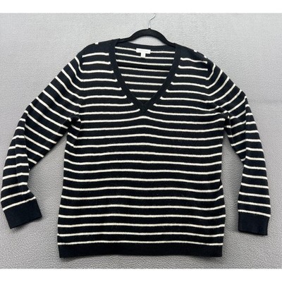 Nordstrom Sweater Womens XL 100% Cashmere V-Neck Striped Black White
