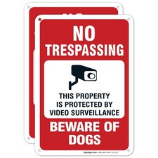 Beware of Dog Sign, Pack of 2 No Trespassing, Video Surveillance Sign, 10x7...