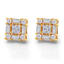 Princess, Baguette & Round Cluster Stud Earrings 14K Solid Yellow Gold 1.50 CT