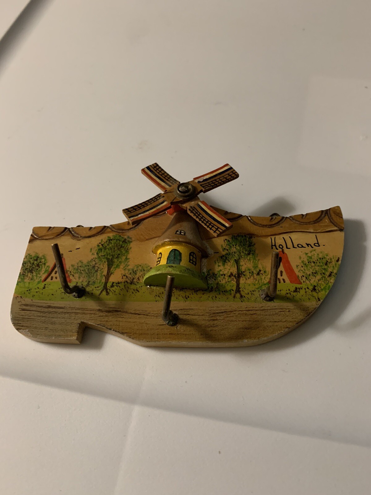 Vtg Holland Wood Clog Plaque Wall Hanging Windmill Key Hooks 6”