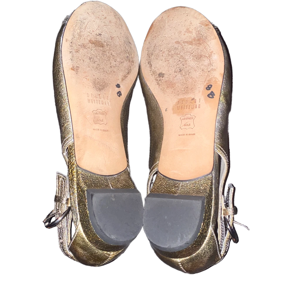Stuart Weitzman Peek a Boo Open Toe Metallic Patent Leather Flats Size 8.5 - Image 4 of 4
