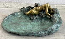 VICTORIAN BRONZE PIN DISH OR ASHTRAY Art Nouveau lady with Verdi Patina Decor