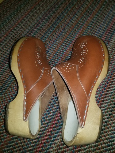 Swedish Womens Clogs Wood Brown Leather Size 38 7 - Picture 4 of 10