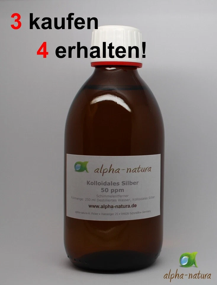 ALPHA-NATURA 5x250ml Argento Colloidale (Acqua Argento) 25,50, 100ppm Alta Concentrazione e Puro