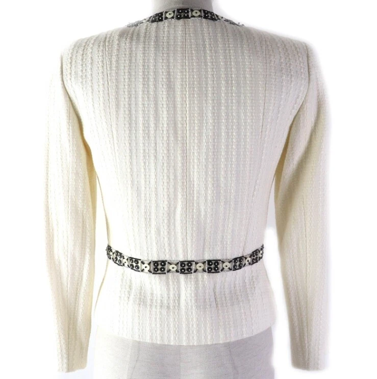 Giacca CHANEL senza colletto perline bianco cotone lino donna taglia 34 Francia
