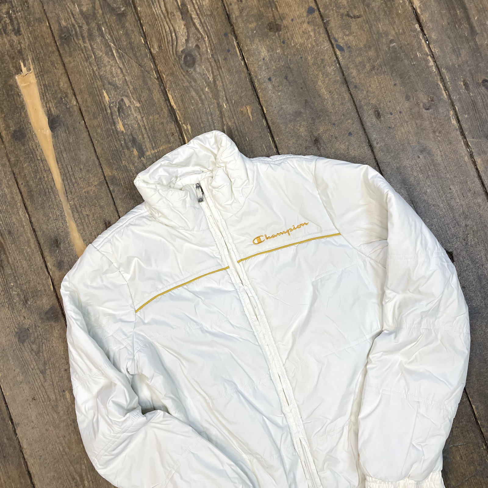 Champion Puffer Jacket Full Zip Script Logo Coat, White, Womens Medium image 3
