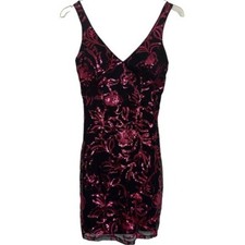 Sequin Hearts Junior Bodycon Mini Dress Black & Red Sequins V-Neck Size 3