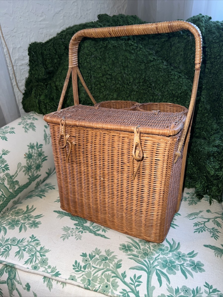 Vintage 1960's Camping Wicker Picnic Basket with Double Wine