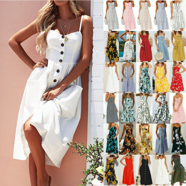 Womens Summer Boho Beach Cami Midi Dress Ladies Holiday Strappy Button Sundress Womens Summer Boho Beach Cami Midi Dress Ladies Holiday Strappy Button Sundress