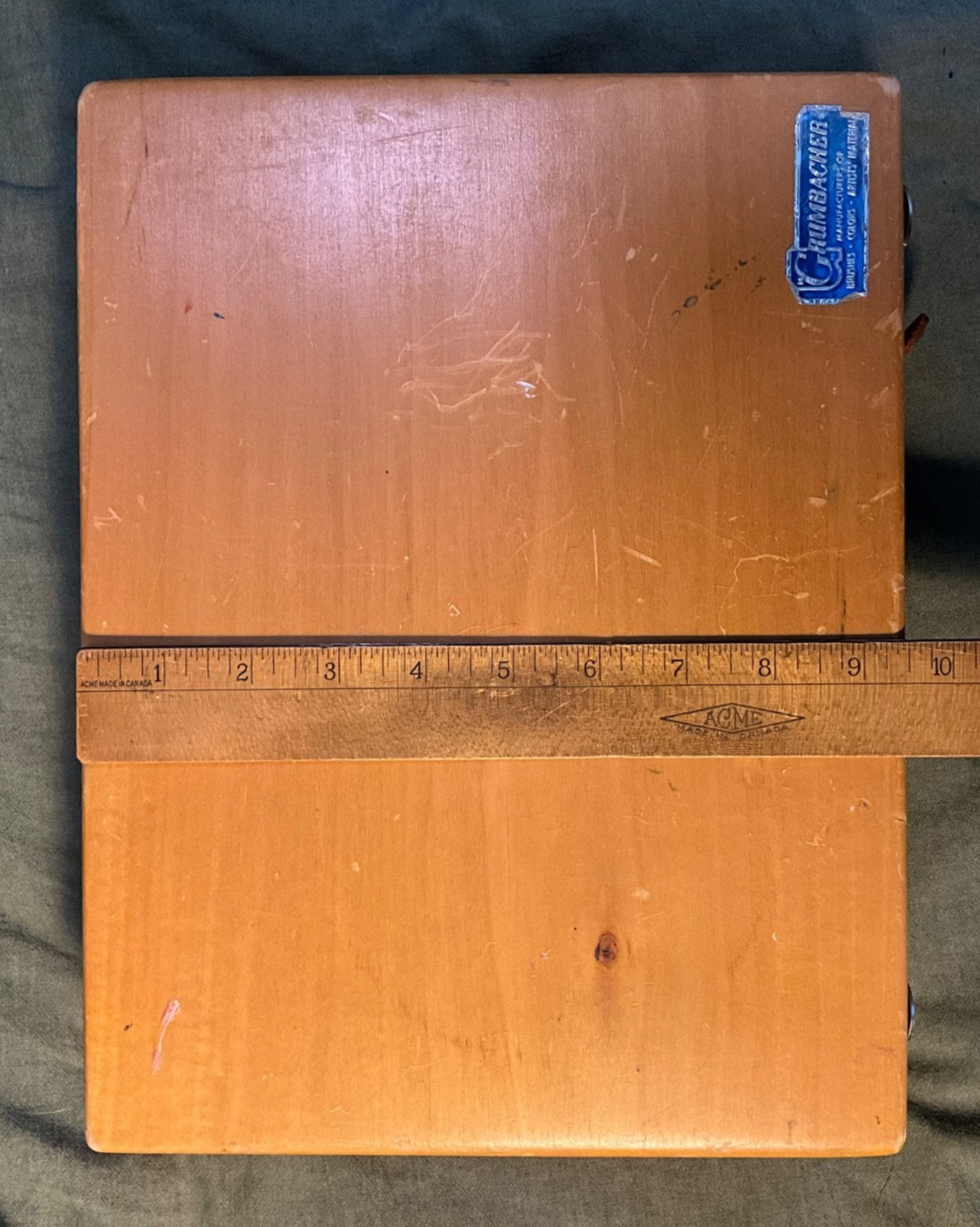 Grumbacher Wooden Artist Box Dovetail Corners Leather Handle 12 1/2 X 9 1/2 INCH