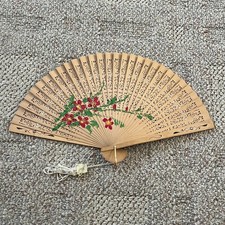 Vintage Wooden Hand Fan Fold Up 1930-1940 Floral Handcraft Antique