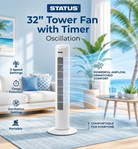 Status 32" Tower Fan Portable, Free-Standing, 3-Speed, Oscillating, Air Cooling