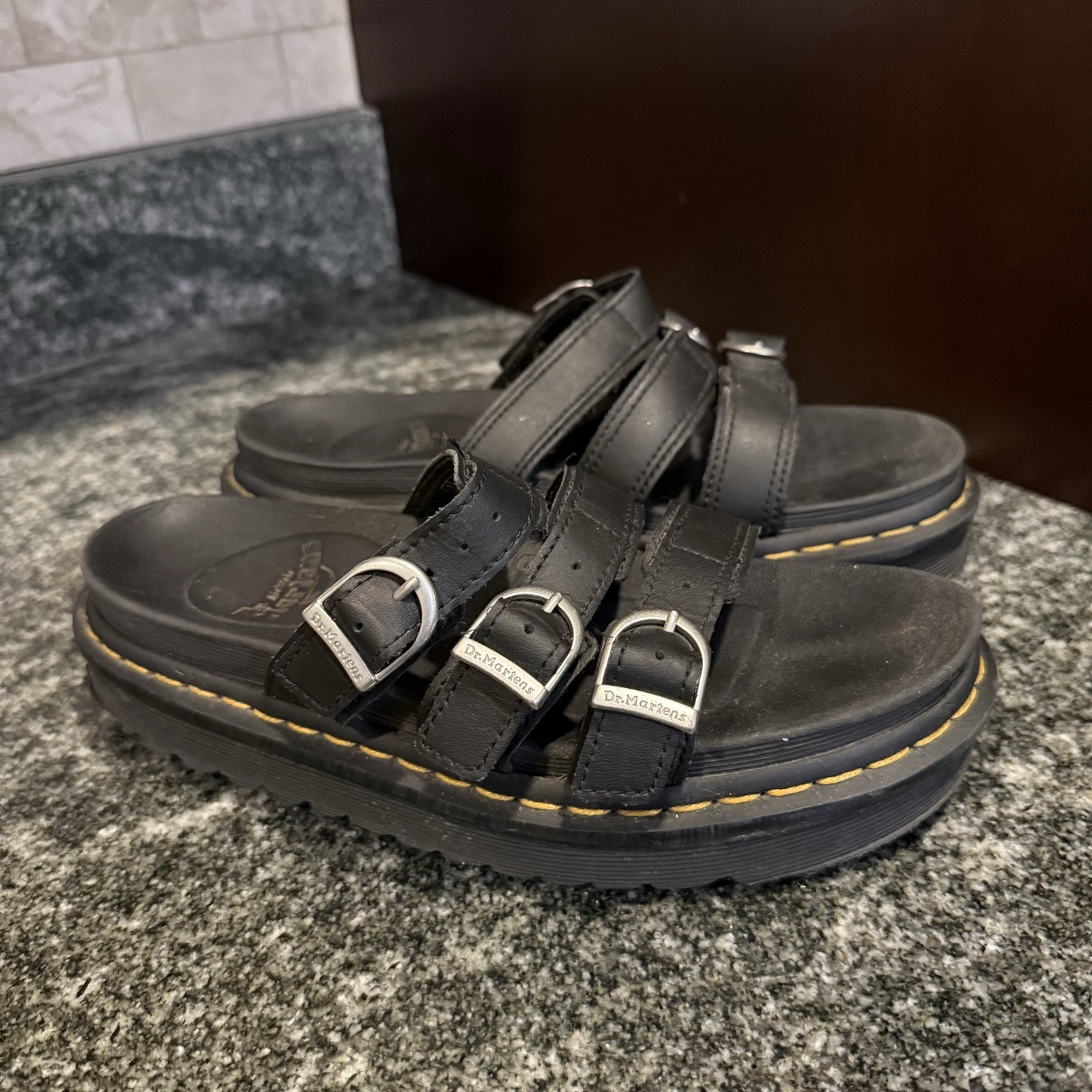 Dr. Martens Women's Blaire Black Leather Buckle Slides Size 7