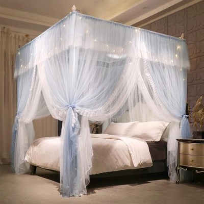 4 Corners Post Ruffle Princess Bed Canopy Double Layer Bedroom Decor Gray White