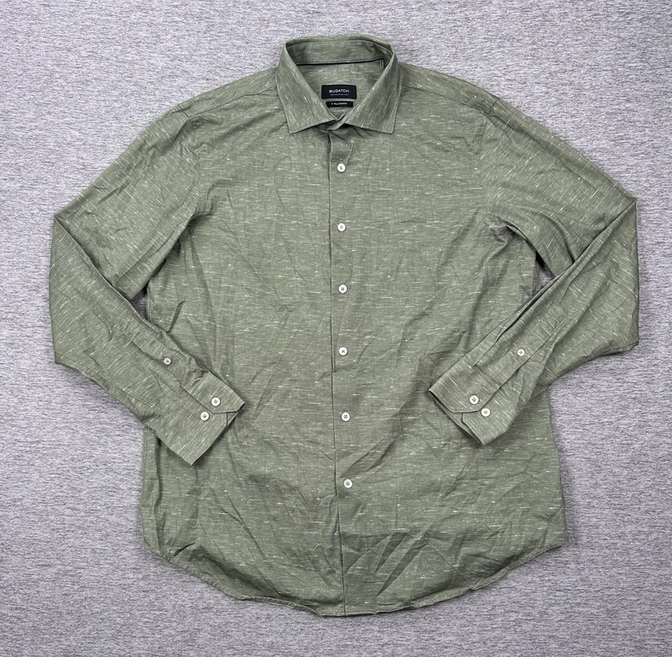 Bugatchi Shirt Mens Large Green Button Up Long Sleeve OoohCotton 8 Way Stretch - Image 2 of 4