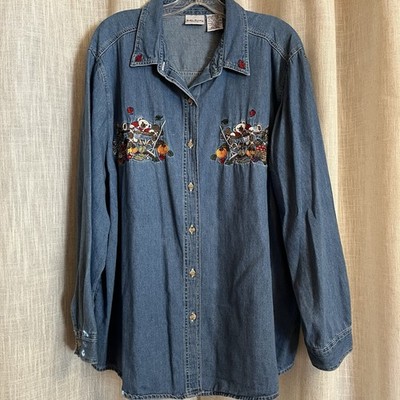 Vtg 90 s Bobbie Brooks Denim Shirt Teddy Bear Pumpkin Embroidered Fall 22/24