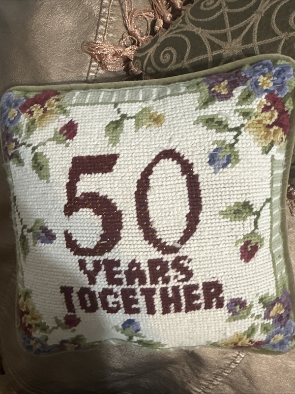 Needlepoint Mini 9" Toss Pillow Square 50 Years Together Moss Green Velvet Back