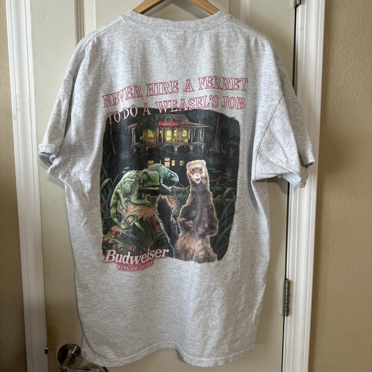 Vintage Budweiser Beer Shirt Mens X-Large Gray Chameleon Weasel