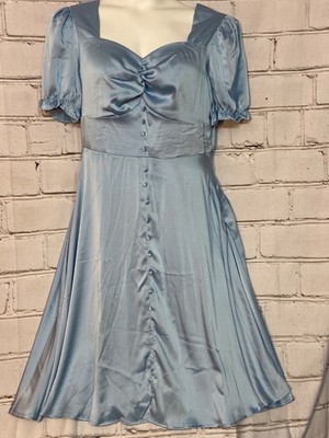 Belle Poque Blue Satin Puff Sleeve Button-Front Fit & Flare Dress | Retro  VNTG | eBay