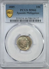 1885 Spanish Philippines 10C Centimos PCGS MS66 - TONED!