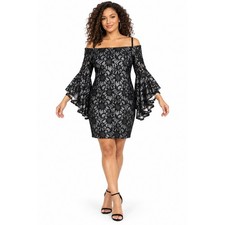 Bailey Blue Lace Cocktail Dress Off Shoulder Silver Metallic Bell Sleeve L Party