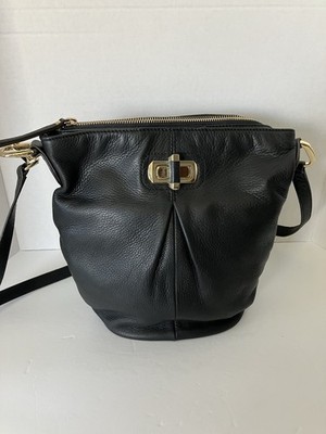 B Makowski Black Leather Shoulder Bag with Gold Hardware and Zipper