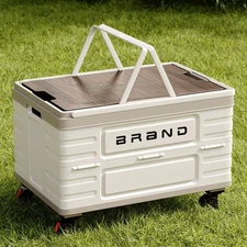 ​​50L Collapsible Rolling Crate w/ Wooden Lid - Foldable Cart for Office, Picnic