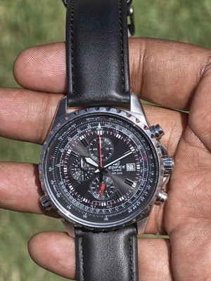Casio Edifice EF-527D Chronograph Quartz Black Dial Black Leather Strap 100m