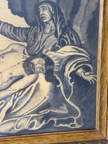 Antique European Charcoal Drawing Virgin Supporting The Dead Christ Signed - Picture 8 of 11
