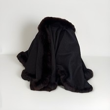 Oversized 100 Cashmere Cape Shawl With Fox Fur Trim Black Luxury One Size