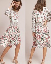 Farm Rio Anthropologie Anabela Dress Floral Smocked Knee Length Boho Sz Petite L