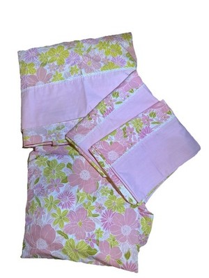 VTG 4PCs 1970 Springmaid Full Fitted, Flat Sheet Set Pillow Cases  Flower Power