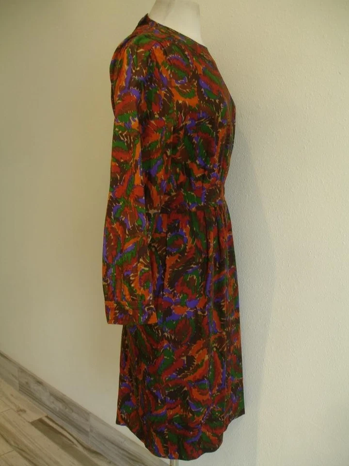 Vestido feminino M L vintage década de 1970 YSL Saint Laurent Rive Gauche estampa floral bolsos - Imagem 3 de 4