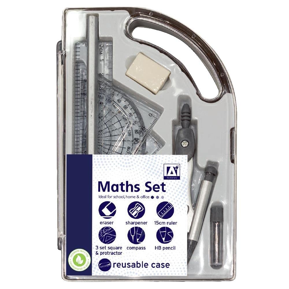 9 Piece Maths Geometry Set School Exam Stationery Ruler 19 x 12 x 2cm, Silver