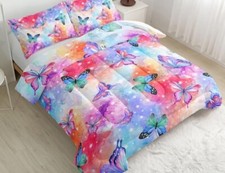 NEW 3 Pcs Bedding Set Full Size - Rainbow Watercolor Butterfly Comforter Set
