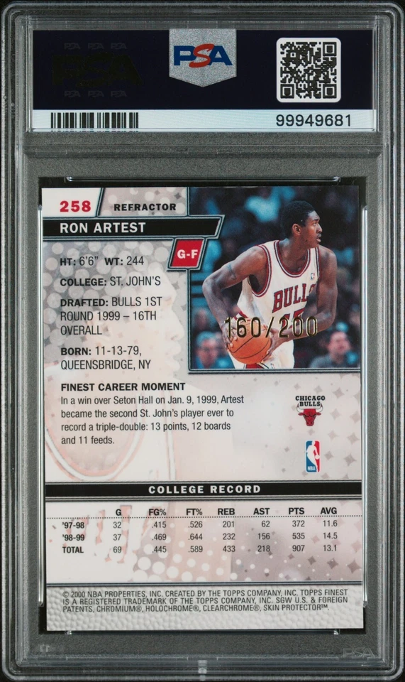 ROOKIE REFRACTOR - 1999 Topps Finest #258 Ron Artest RC - #/200 - PSA 9 POP 7 - Image 3 of 3
