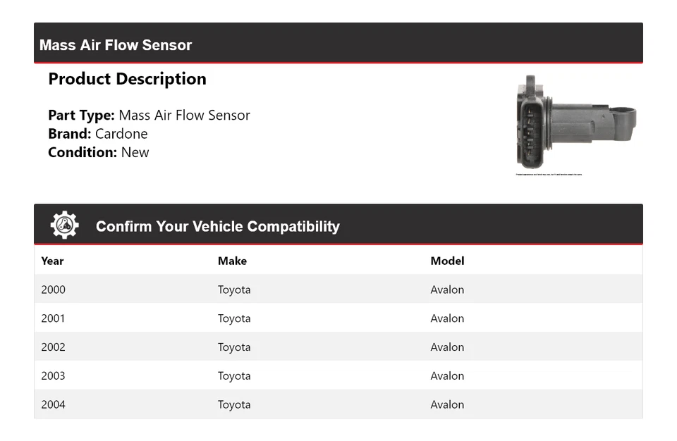 Sensor de flujo de aire masivo Cardone 2001 2002 2003 para Toyota Avalon 2000-2004 Foto 2 de 4