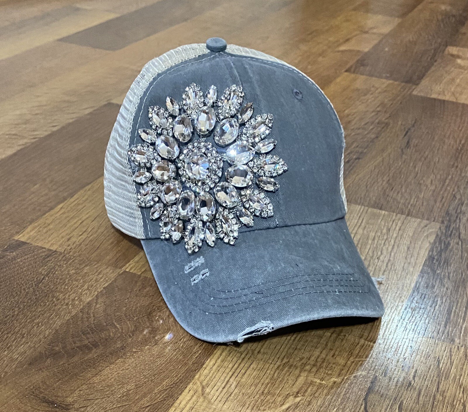 PONY Berretto da baseball donna grigio medio invecchiato indossato strass con foro coda di cavallo