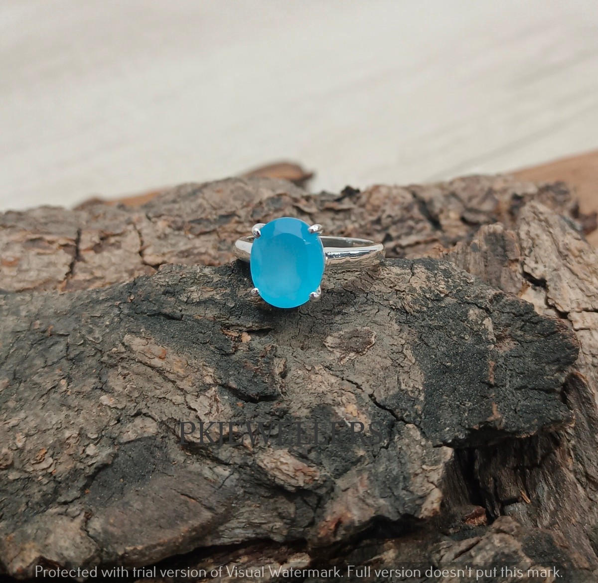 925 Sterling Silver Natural Blue Chalcedony Gemstone Ring Jewelry