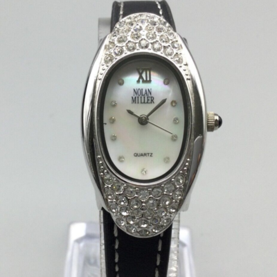 Nolan Miller Watch Women 22mm Silver Tone Oval Dial Crystals New