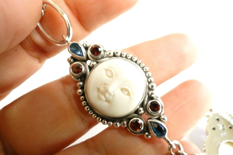 Браслет из стерлингового серебра 925 пробы с резным солнцем лицом и открытыми глазами голубым топазом гранатом - Изображение 3 из 4