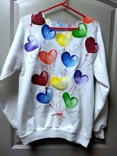 Vintage 1980s White hand-painted Heart balloons Sweatshirt   Large - Womans
