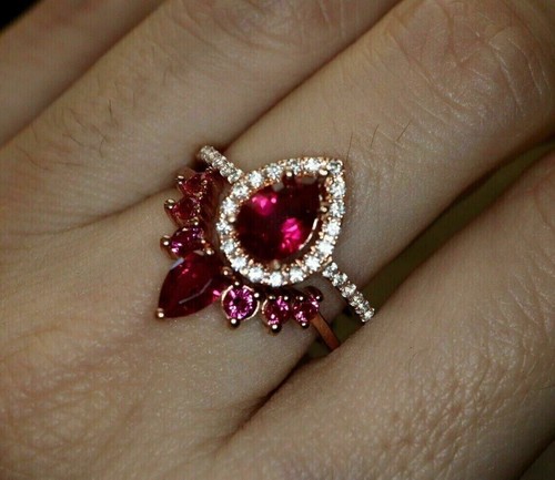 Trio Wedding Ring Set 3.85Ct Created Pear Cut Red Ruby Band 14K Rose Gold Finish - Picture 3 of 4