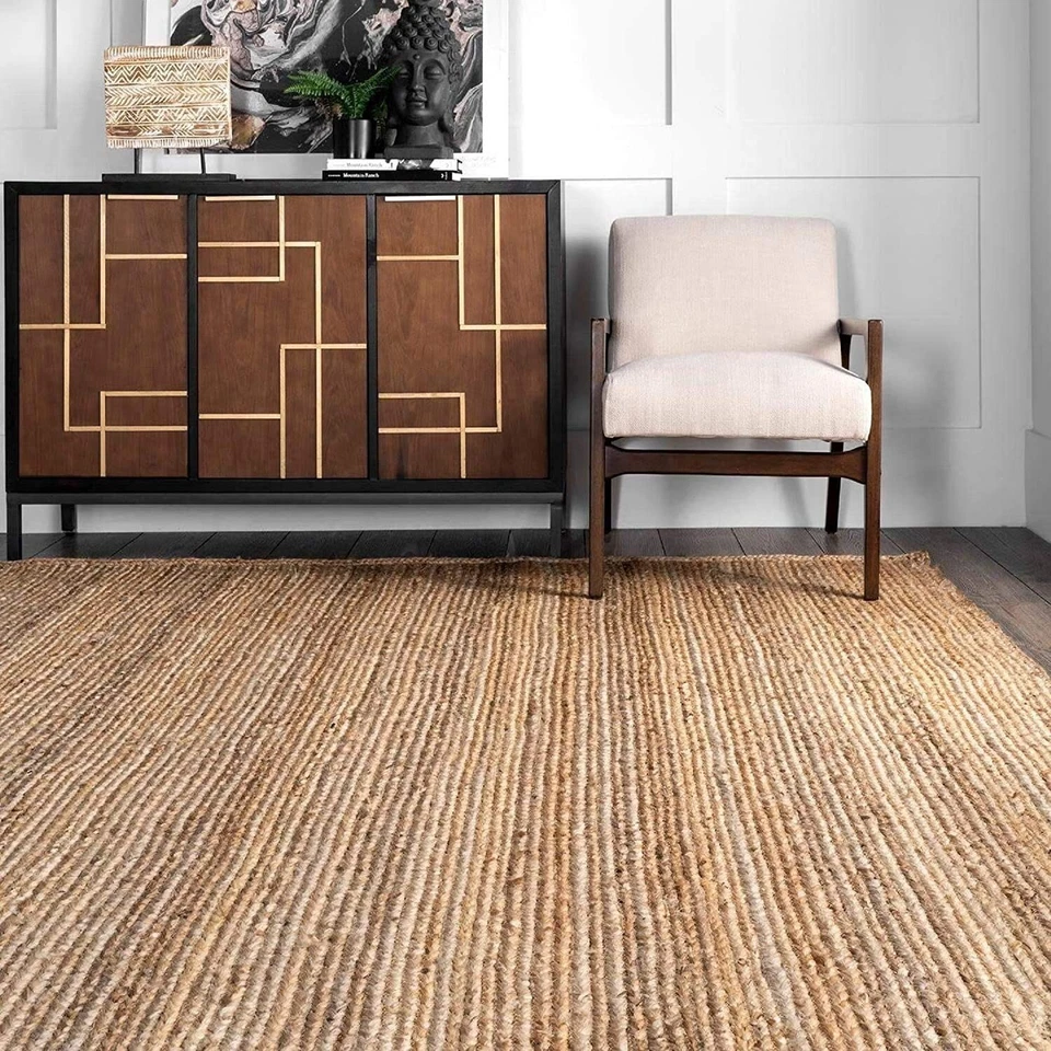 Rug 100% Natural Jute Handmade Area Rug Braided Non Slip Floor Rug Carpet Mat - Image 3 of 4