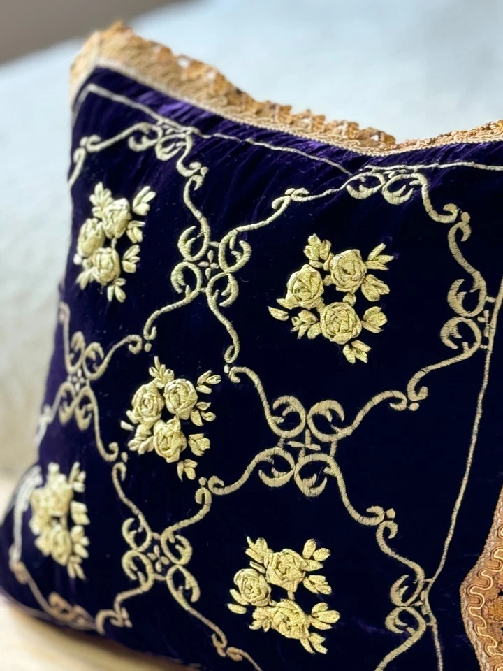 Luxury Deep Purple Gold Moroccan Style Handmade Embroidered 16in Cushion Cover - Image 2 of 4
